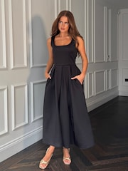 Girl In Mind Black Erica Square Neck Pleated Midi Dress - Image 4 of 6