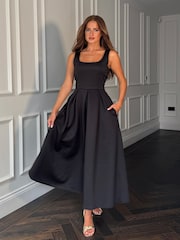 Girl In Mind Black Erica Square Neck Pleated Midi Dress - Image 5 of 6