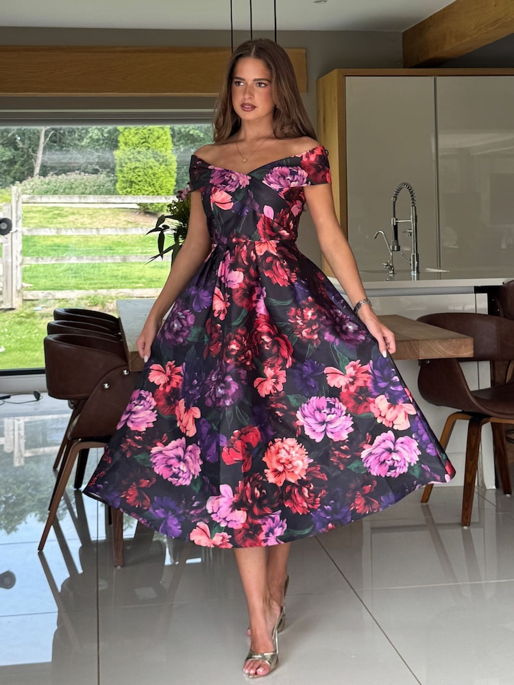 Girl In Mind Black Dark Floral Print Daphne Off The Shoulder Skater Midi Dress - Image 1 of 5