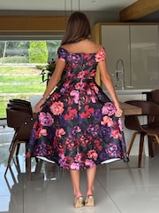 Girl In Mind Black Dark Floral Print Daphne Off The Shoulder Skater Midi Dress - Image 2 of 5
