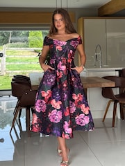 Girl In Mind Black Dark Floral Print Daphne Off The Shoulder Skater Midi Dress - Image 3 of 5