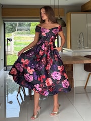 Girl In Mind Black Dark Floral Print Daphne Off The Shoulder Skater Midi Dress - Image 4 of 5