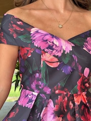 Girl In Mind Black Dark Floral Print Daphne Off The Shoulder Skater Midi Dress - Image 5 of 5