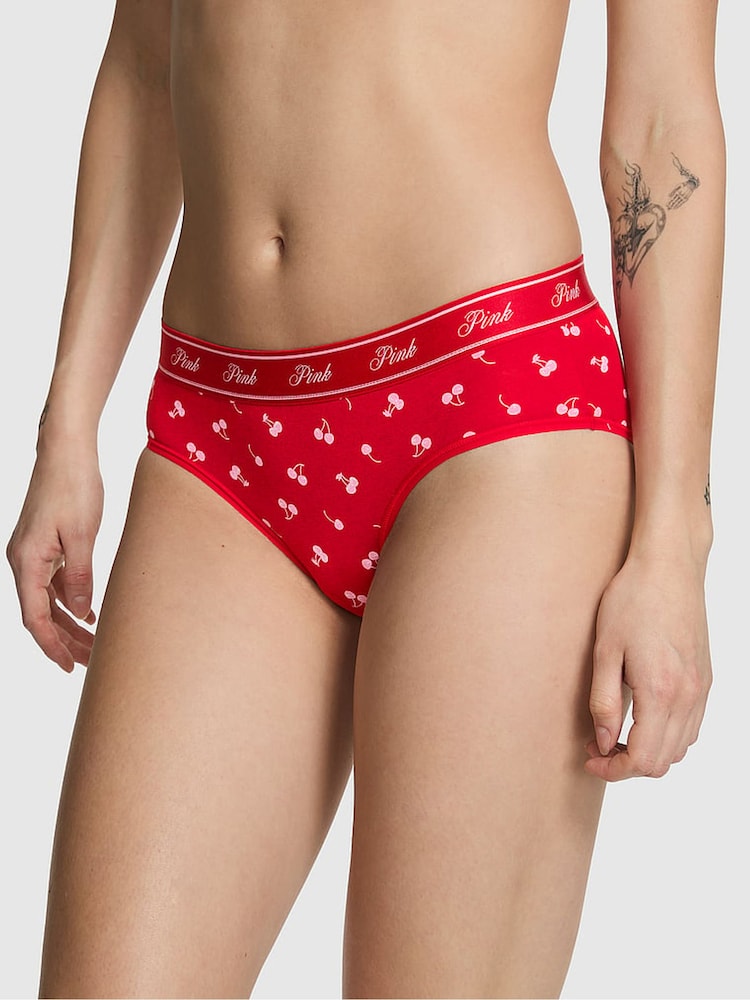 Victoria's Secret PINK Bright Vermillion Red Cherry Print Hipster Cotton Logo Knickers - Image 1 of 2