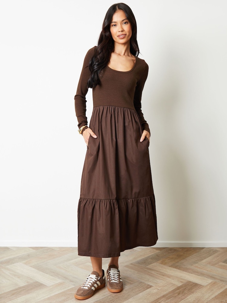 Threadbare Brown 2-in-1 Jersey Poplin Mix Scoop Neck Long Sleeve Dress - Image 1 of 4 Threadbare Brown 2-in-1 Jersey Poplin Mix Scoop Neck Long Sleeve Dress - Image 1 of 4
