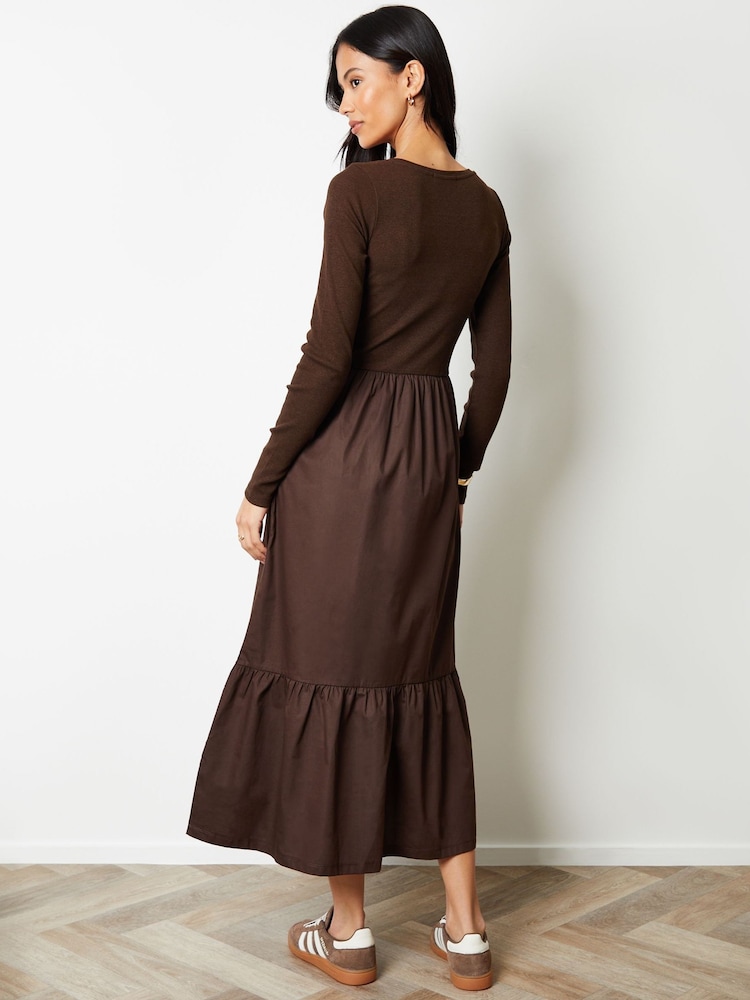 Threadbare Brown 2-in-1 Jersey Poplin Mix Scoop Neck Long Sleeve Dress - Image 2 of 4 Threadbare Brown 2-in-1 Jersey Poplin Mix Scoop Neck Long Sleeve Dress - Image 2 of 4