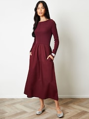 Threadbare Red 2-in-1 Jersey Poplin Mix Slash Neck Long Sleeve Dress - Image 1 of 4