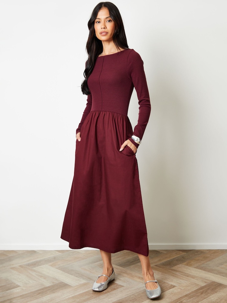 Threadbare Red 2-in-1 Jersey Poplin Mix Slash Neck Long Sleeve Dress - Image 1 of 4 Threadbare Red 2-in-1 Jersey Poplin Mix Slash Neck Long Sleeve Dress - Image 1 of 4