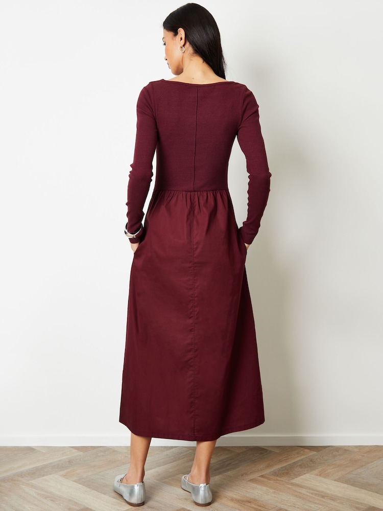 Threadbare Red 2-in-1 Jersey Poplin Mix Slash Neck Long Sleeve Dress - Image 2 of 4