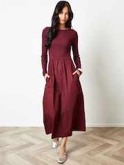 Threadbare Red 2-in-1 Jersey Poplin Mix Slash Neck Long Sleeve Dress - Image 3 of 4
