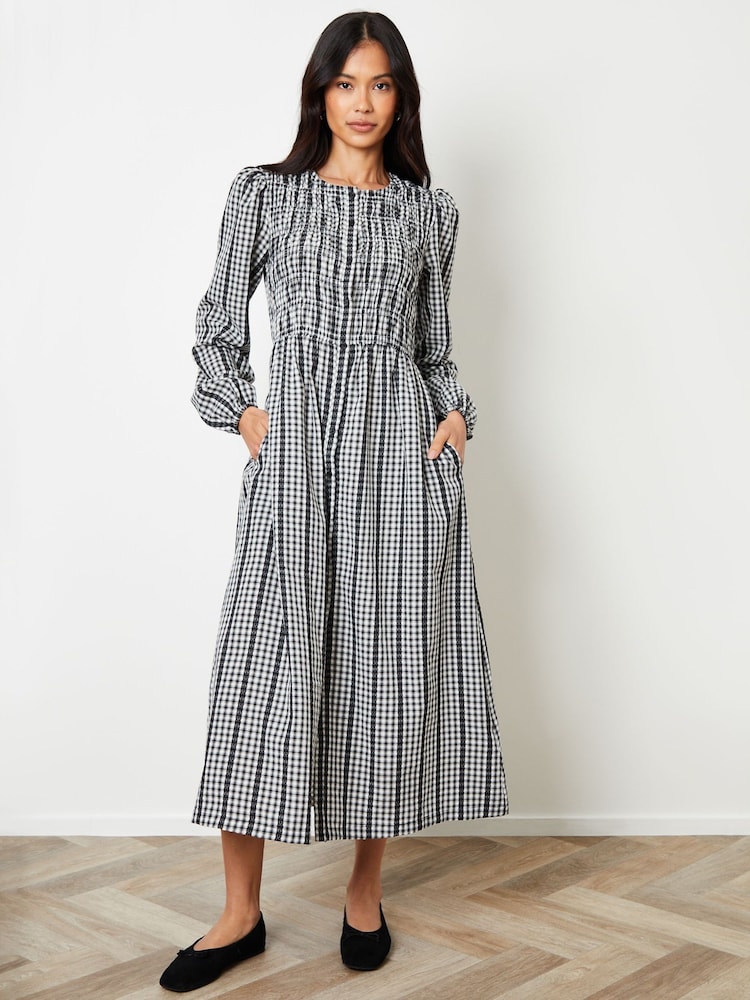 Threadbare Black Gingham Check Shirred Detail Midi Dress - Image 1 of 4