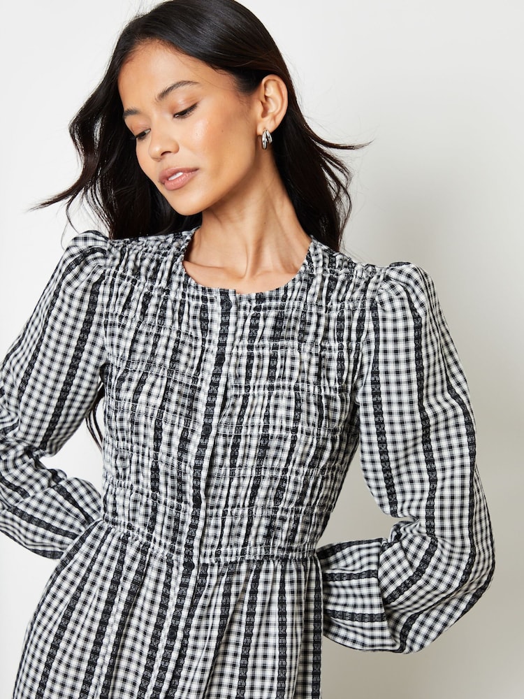 Threadbare Black Gingham Check Shirred Detail Midi Dress - Image 2 of 4 Threadbare Black Gingham Check Shirred Detail Midi Dress - Image 2 of 4
