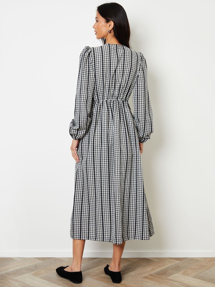 Threadbare Black Gingham Check Shirred Detail Midi Dress - Image 4 of 4