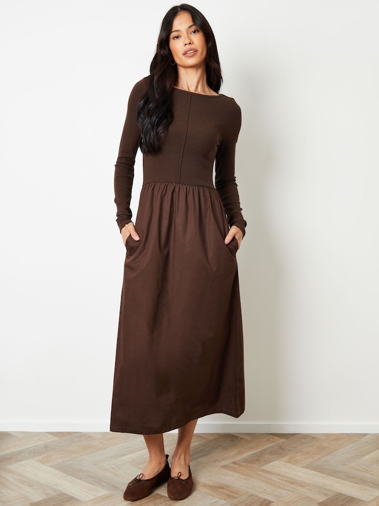 Threadbare Brown 2-in-1 Jersey Poplin Mix Slash Neck Long Sleeve Dress - Image 1 of 4
