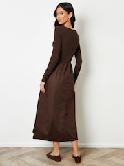 Threadbare Brown 2-in-1 Jersey Poplin Mix Slash Neck Long Sleeve Dress - Image 2 of 4