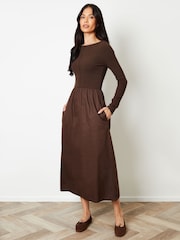 Threadbare Brown 2-in-1 Jersey Poplin Mix Slash Neck Long Sleeve Dress - Image 3 of 4