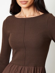 Threadbare Brown 2-in-1 Jersey Poplin Mix Slash Neck Long Sleeve Dress - Image 4 of 4