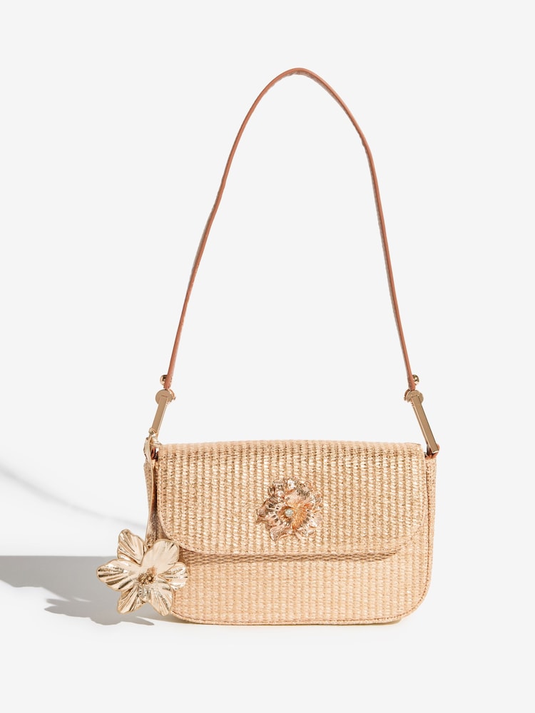 Lipsy Natural Raffia Floral Hardware Shoulder Bag - Image 1 of 5