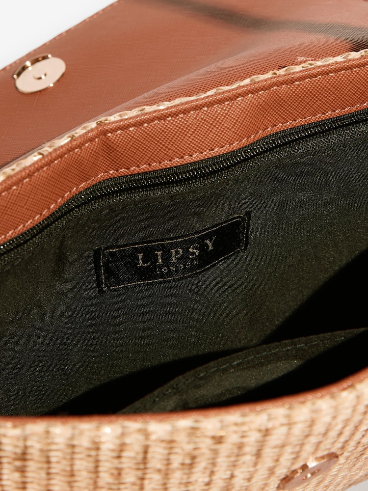 Lipsy Gold Raffia Floral Hardware Shoulder Bag - Image 8 of 8