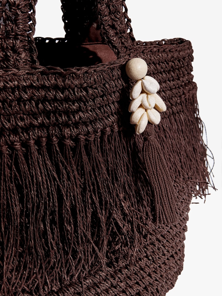 Lipsy Chocolate Brown Fringe Raffia Effect Beach Bag - Image 5 of 5