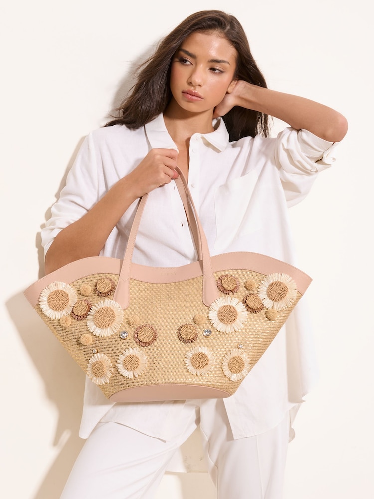 Lipsy Natural 3D Floral Raffia Shopper Bag - Image 2 of 8