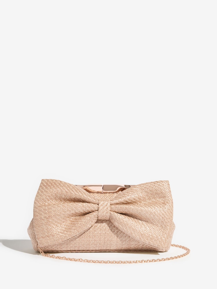 Lipsy Neutral Raffia Bow Clutch Bag - Image 1 of 5 Lipsy Neutral Raffia Bow Clutch Bag - Image 1 of 5