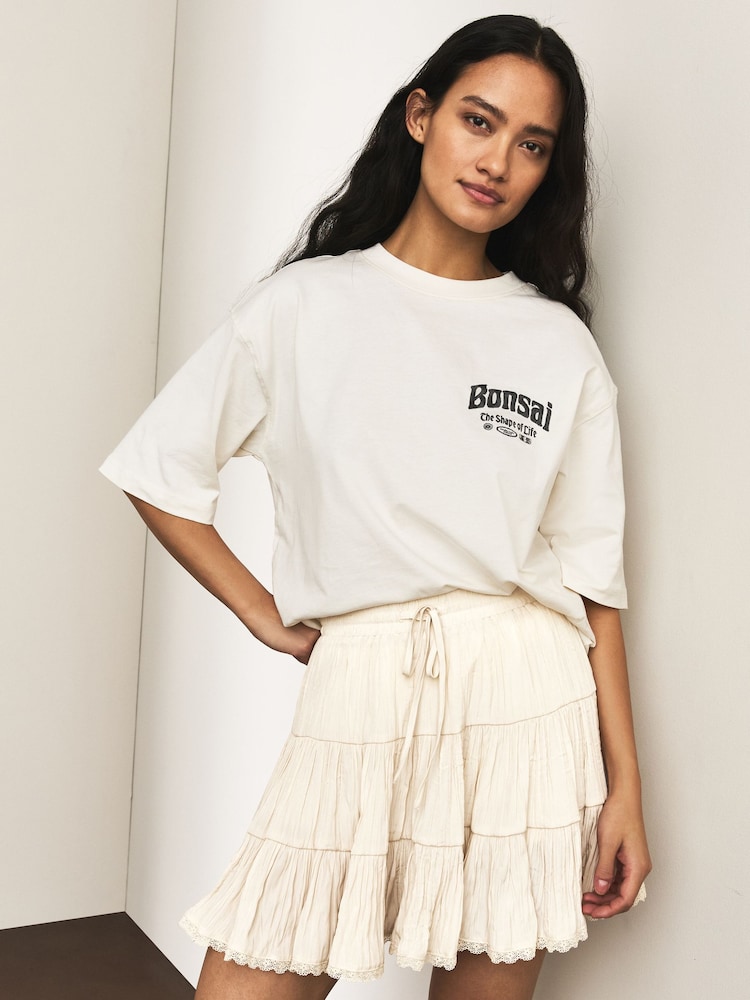 Ecru Crushed Tiered Mini Skirt - Image 2 of 9 Ecru Crushed Tiered Mini Skirt - Image 2 of 9