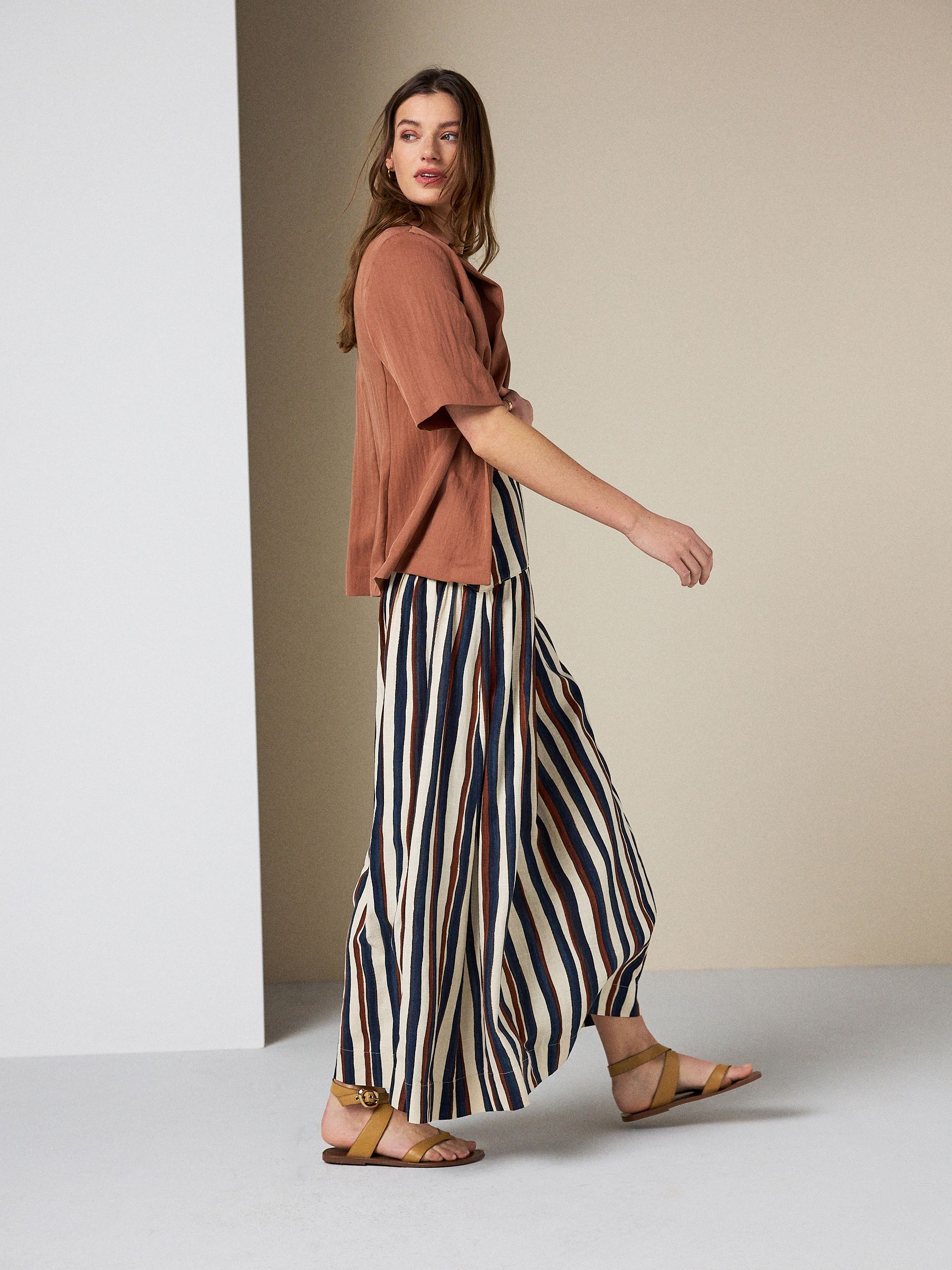 Buy Navy/Ecru/Brown Stripe Drop Waist Linen Blend Maxi Skirt from
