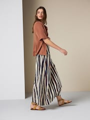 Navy/Ecru/Brown Stripe - Dropwaist Linen Blend Maxi Skirt - Εικόνα 1 από 8