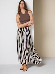 Navy/Ecru/Brown Stripe - Dropwaist Linen Blend Maxi Skirt - Εικόνα 2 από 8