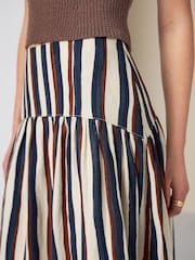 Navy/Ecru/Brown Stripe - Dropwaist Linen Blend Maxi Skirt - Εικόνα 4 από 8