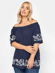 Yours Curve Blue 100% Cotton Embroidered Detail Bardot Top - Image 1 of 6