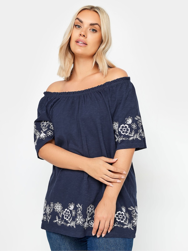 Blusa con escote bardot con detalles bordados 100% algodón de Yours Curve - Imagen 1 de 6 Blusa con escote bardot con detalles bordados 100% algodón de Yours Curve - Imagen 1 de 6