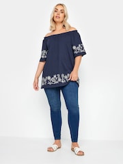 Yours Curve Blue 100% Cotton Embroidered Detail Bardot Top - Image 2 of 6