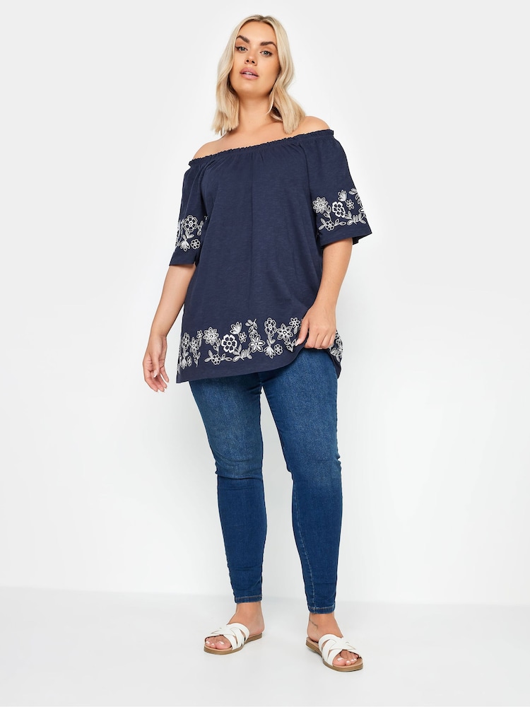 Yours Curve Blue 100% Cotton Embroidered Detail Bardot Top - Image 2 of 6