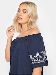 Yours Curve Blue 100% Cotton Embroidered Detail Bardot Top - Image 4 of 6