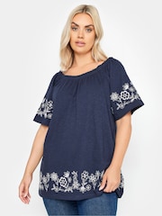 Yours Curve Blue 100% Cotton Embroidered Detail Bardot Top - Image 5 of 6