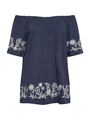 Yours Curve Blue 100% Cotton Embroidered Detail Bardot Top - Image 6 of 6