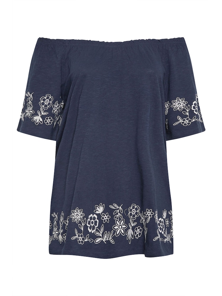 Yours Curve Blue 100% Cotton Embroidered Detail Bardot Top - Image 6 of 6
