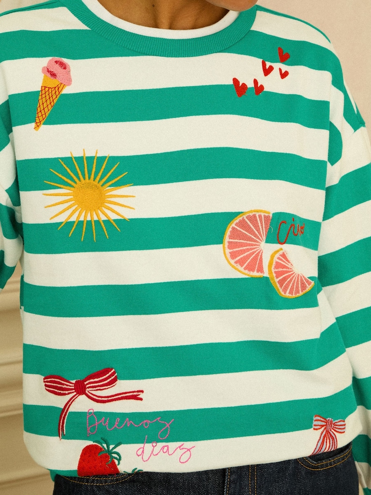 Love & Roses Green Stripe Embroidered Sweat Top - Image 2 of 4 Love & Roses Green Stripe Embroidered Sweat Top - Image 2 of 4
