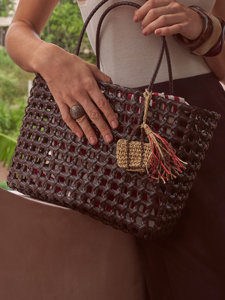Friends Like These Chocolate Brown Weave Basket Beach Bag - Image 1 of 8 Friends Like These Chocolate Brown Weave Basket Beach Bag - Image 1 of 8