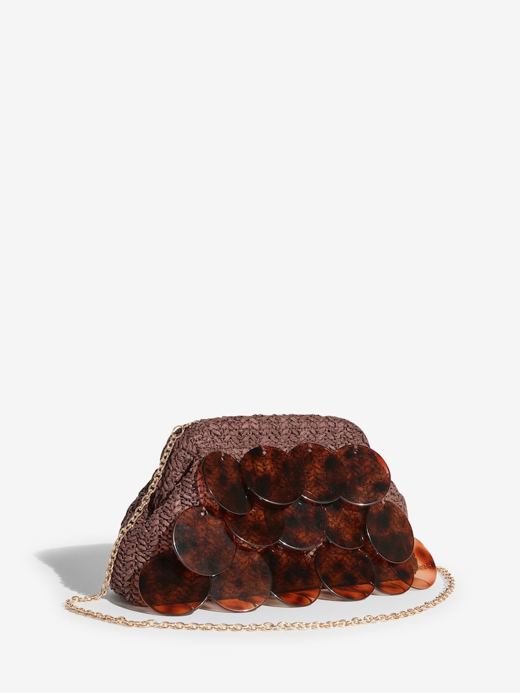 Friends Like These Chocolate Brown Acrylic Disc Raffia Clutch Bag - Image 2 of 5 Friends Like These Chocolate Brown Acrylic Disc Raffia Clutch Bag - Image 2 of 5