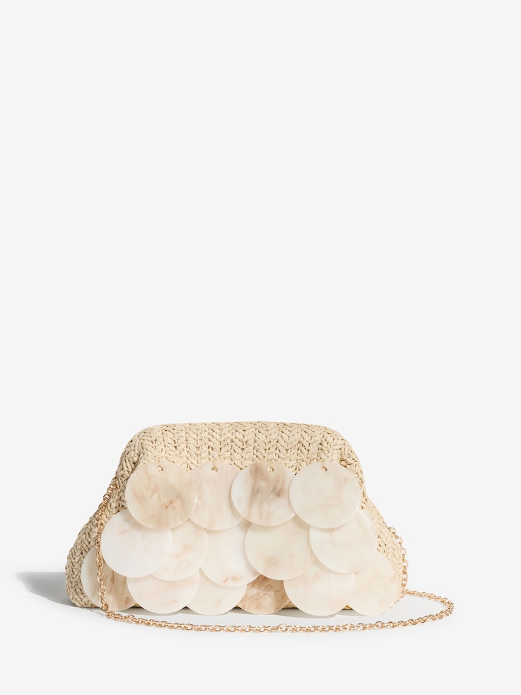 Friends Like These Neutral Raffia Acrylic Disc Raffia Clutch Bag - Image 1 of 5 Friends Like These Neutral Raffia Acrylic Disc Raffia Clutch Bag - Image 1 of 5