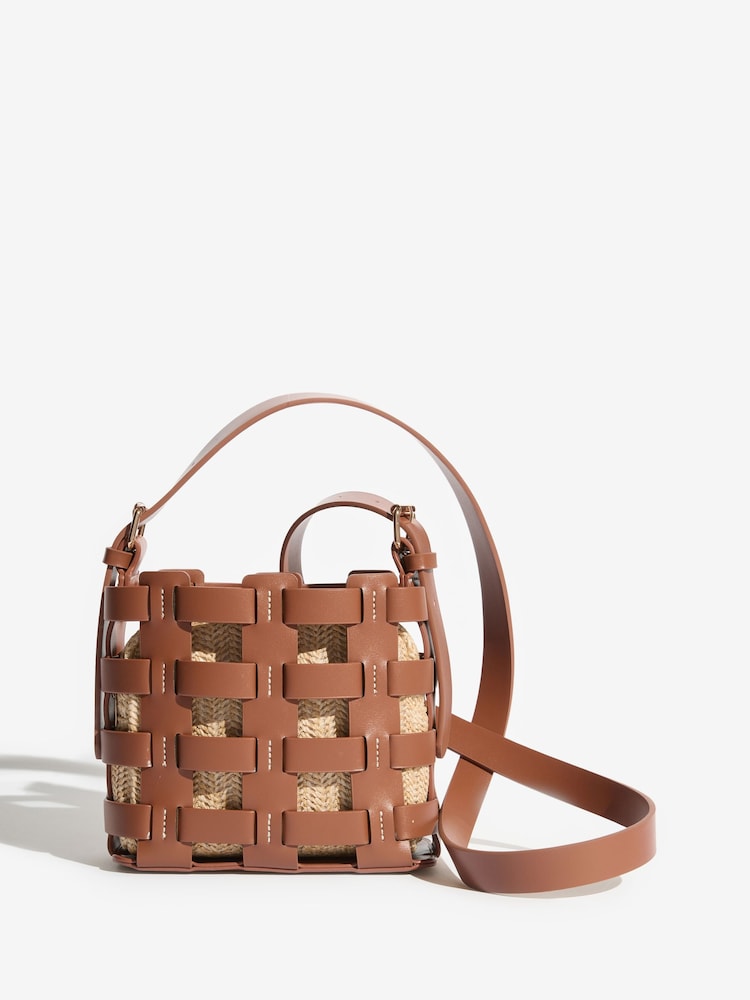 Love & Roses Tan Brown Raffia Weave Basket Cross-Body Bag - Image 1 of 5