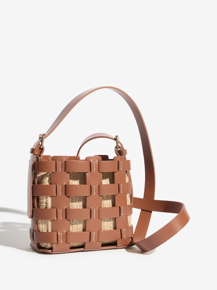 Love & Roses Tan Brown Raffia Weave Basket Cross-Body Bag - Image 2 of 5