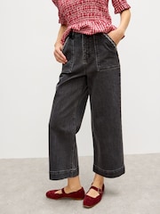 Oliver Bonas Black Denim Scallop Stitch Cropped Wide Leg Jeans - Image 1 of 8