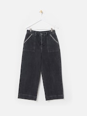 Oliver Bonas Black Denim Scallop Stitch Cropped Wide Leg Jeans - Image 7 of 8
