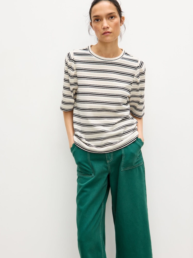 Oliver Bonas Black Pointelle Striped T-Shirt - Image 1 of 7