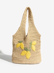 Love & Roses Natural Lemon Embroidered Raffia Tote Bag - Image 3 of 7