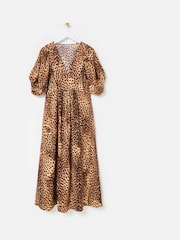 Oliver Bonas Brown Animal Print V-Neck Midi Dress - Image 3 of 7